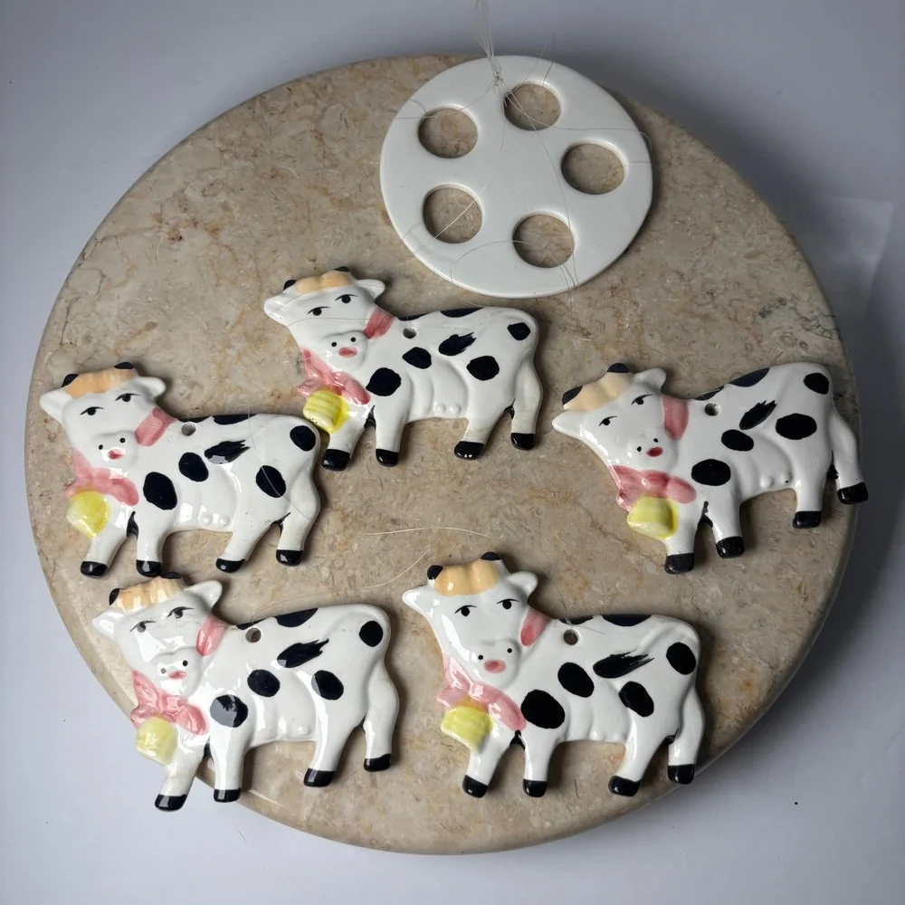 Vintage Ceramic Cow Hanging Mobile White Black Spotted Farmhouse Decor